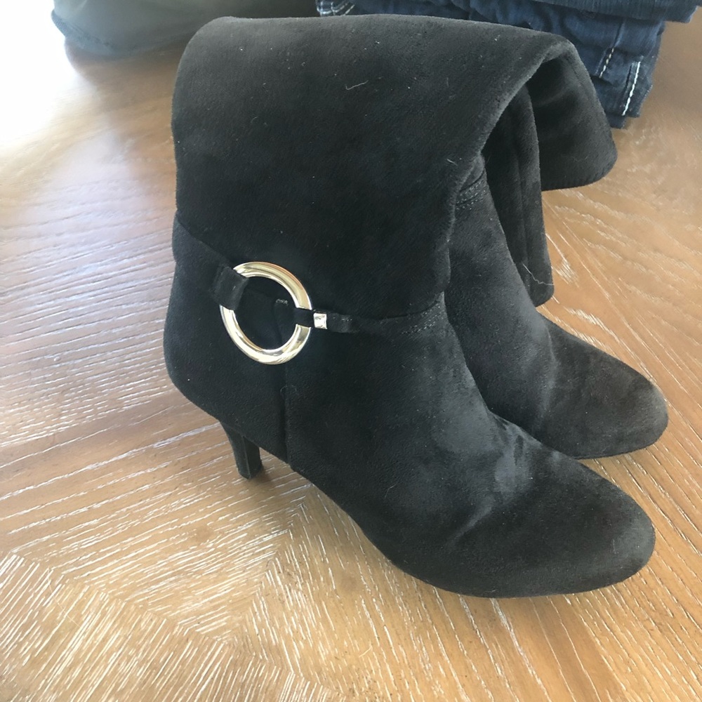 Faux suede mid calf heeled boots